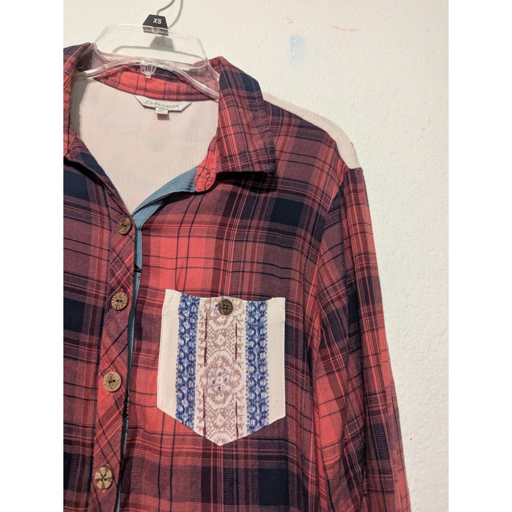 Womens John Mark Mixed Media Plaid Floral Embroidered Button Down Top Red Med - Picture 6 of 15